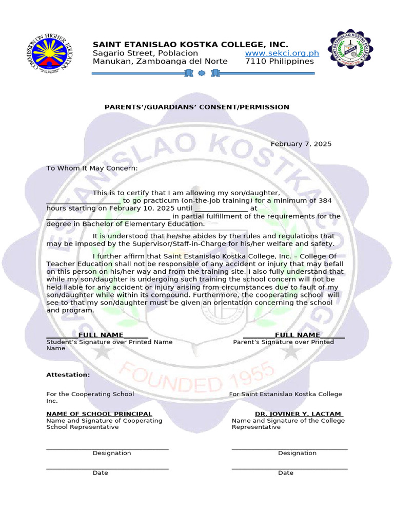 Parent Consent for Practicum Training | PDF