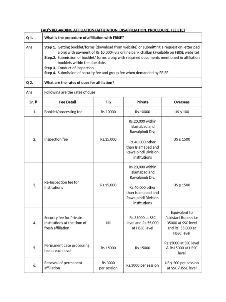 FBISE Affiliation Process and Fees | PDF | Laboratories | Academic Degree