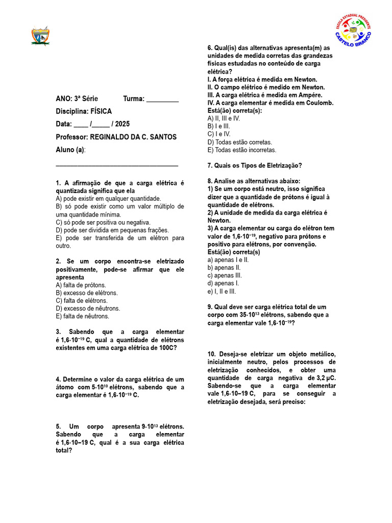 Questões de Física sobre Carga Elétrica | PDF | Carga elétrica | Elétron