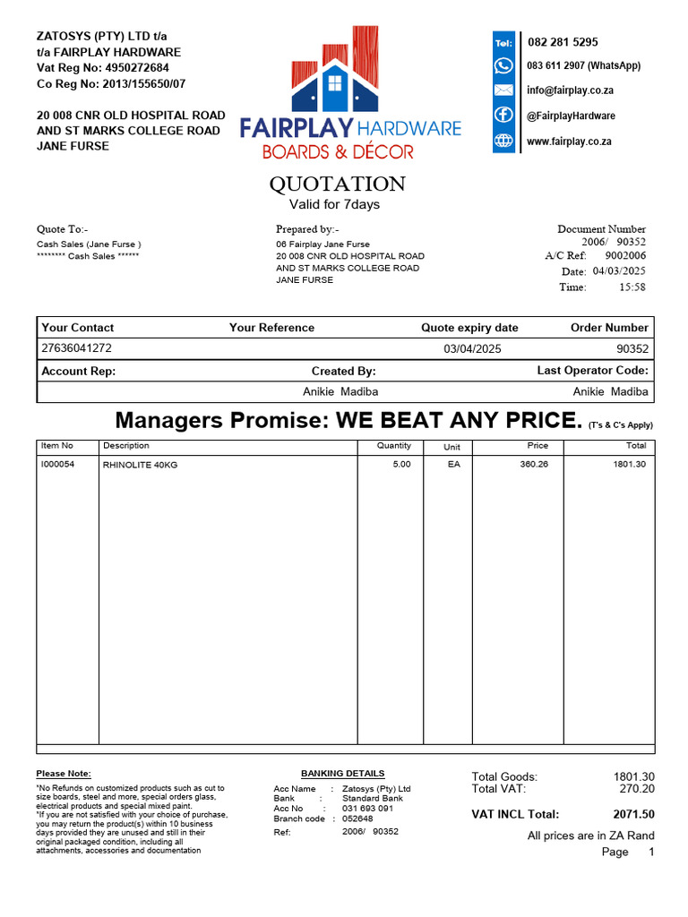 Fairplay Hardware Quotation - Jane Furse | PDF | Business