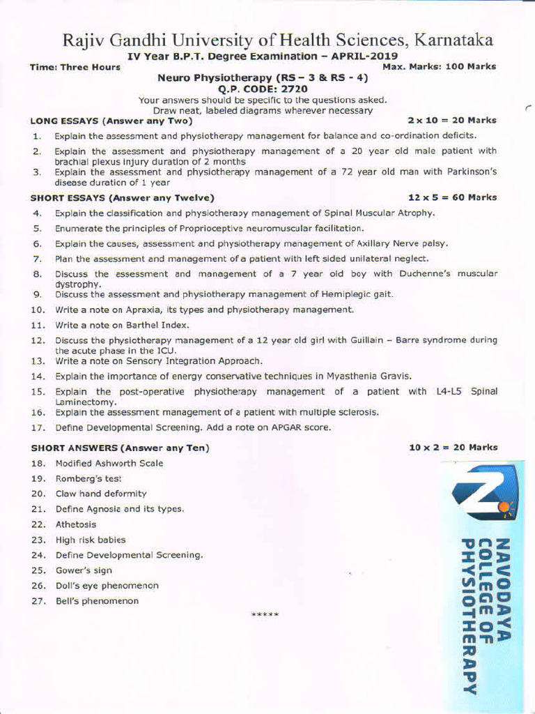 Rguhs 4th Bpt April 2019 Qp | PDF