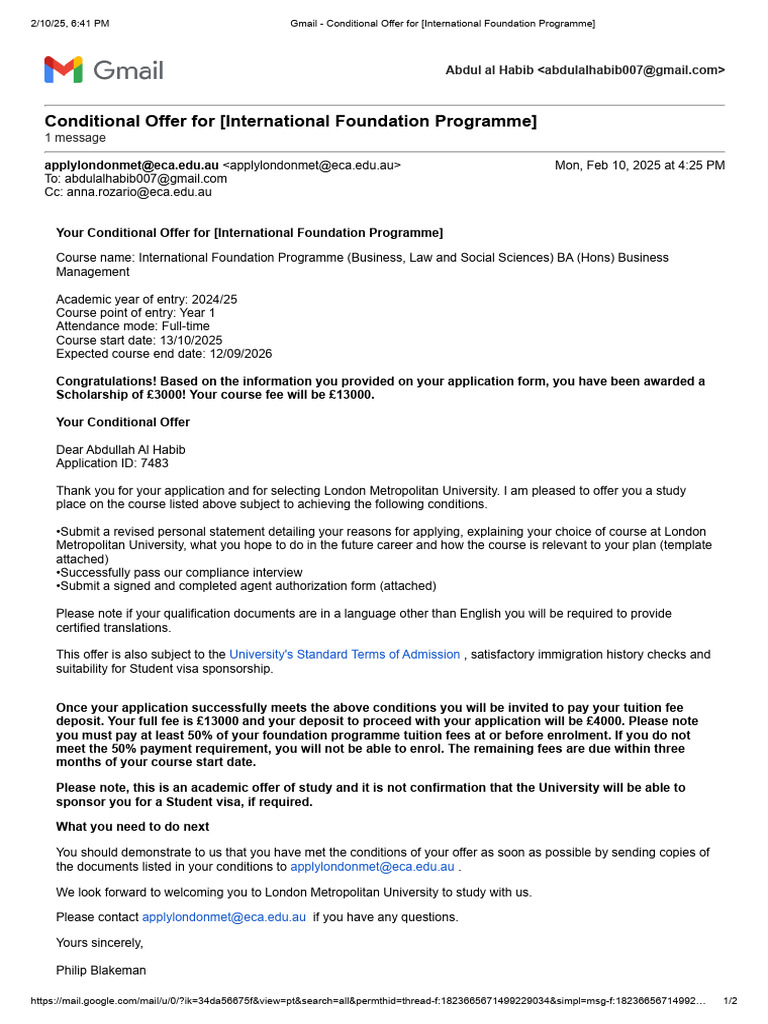 Conditional Offer: International Foundation Program | PDF