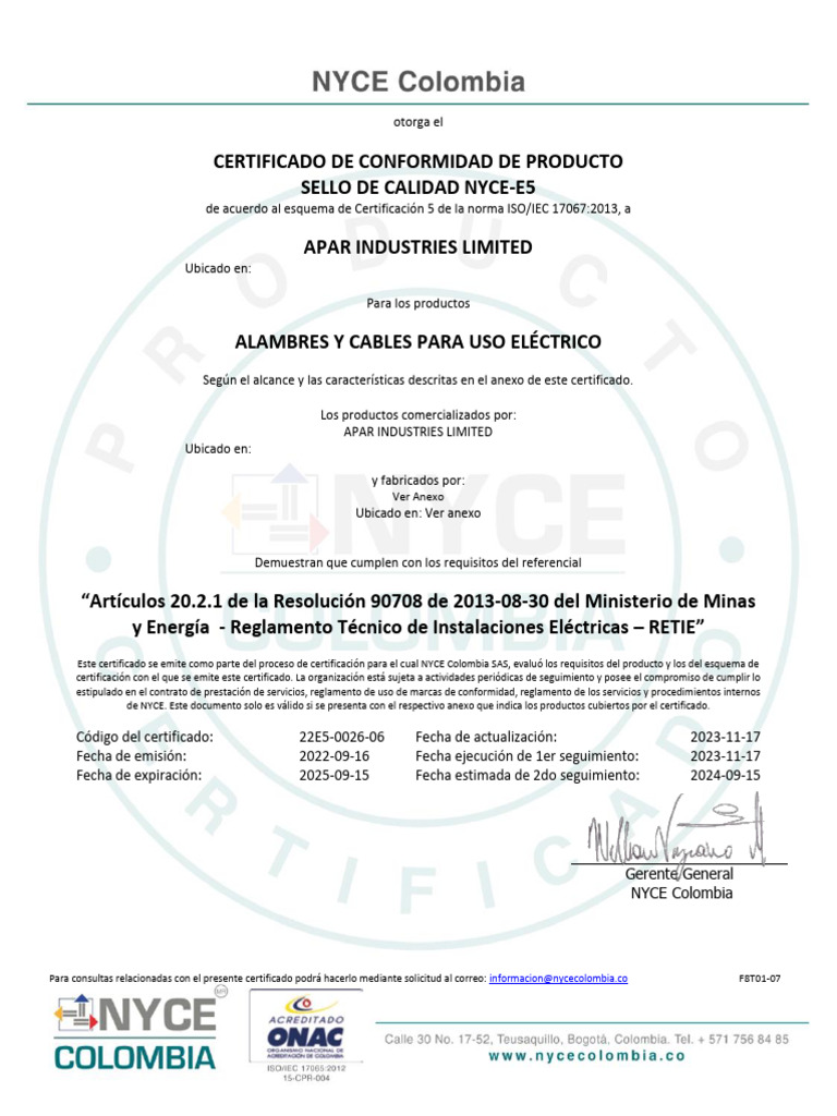 Certificado y Anexo 22E5-0026-06 | PDF | Cableado eléctrico