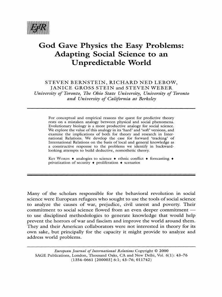 Bernstein Et Al 2000 God Gave Physics The Easy Problems Adapting Social ...