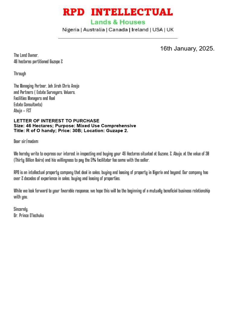 Letter of Interest for 46 Hectares in Guzape 2 | PDF