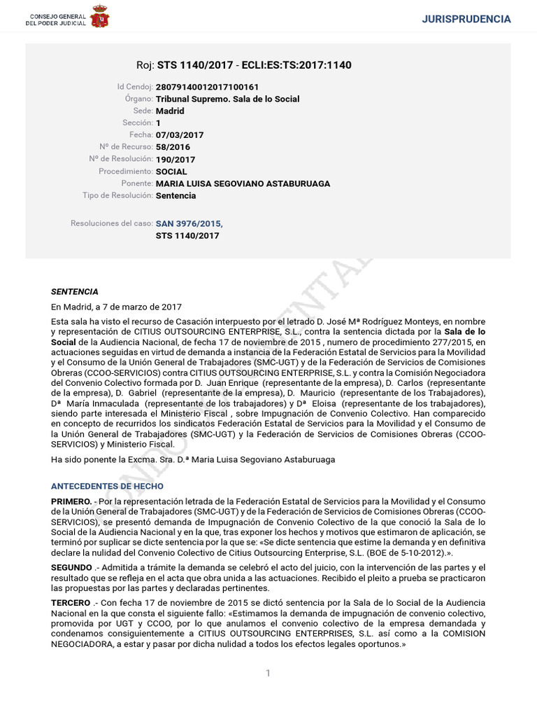 Impugnación de Convenio Colectivo STS 1140/2017 | PDF | Caso de ley ...