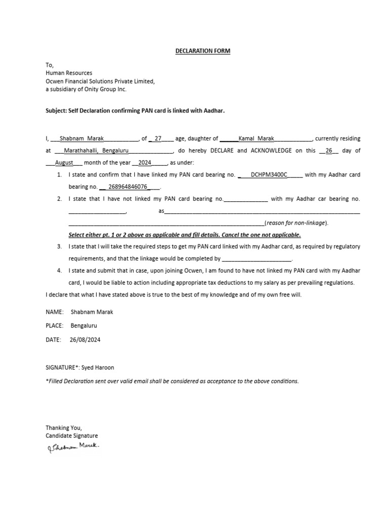 PAN-Aadhar Linking Declaration Form | PDF