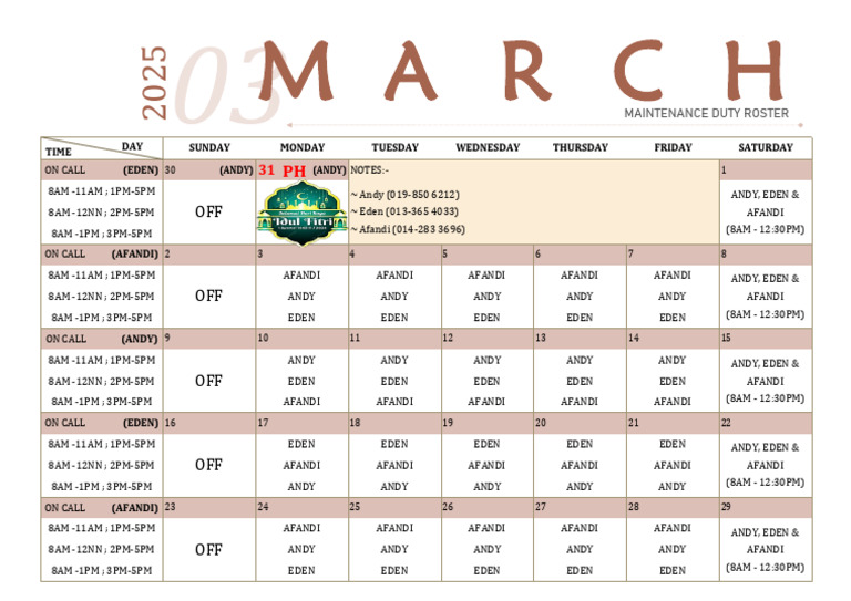 March 2025 Maintenance Duty Roster | PDF