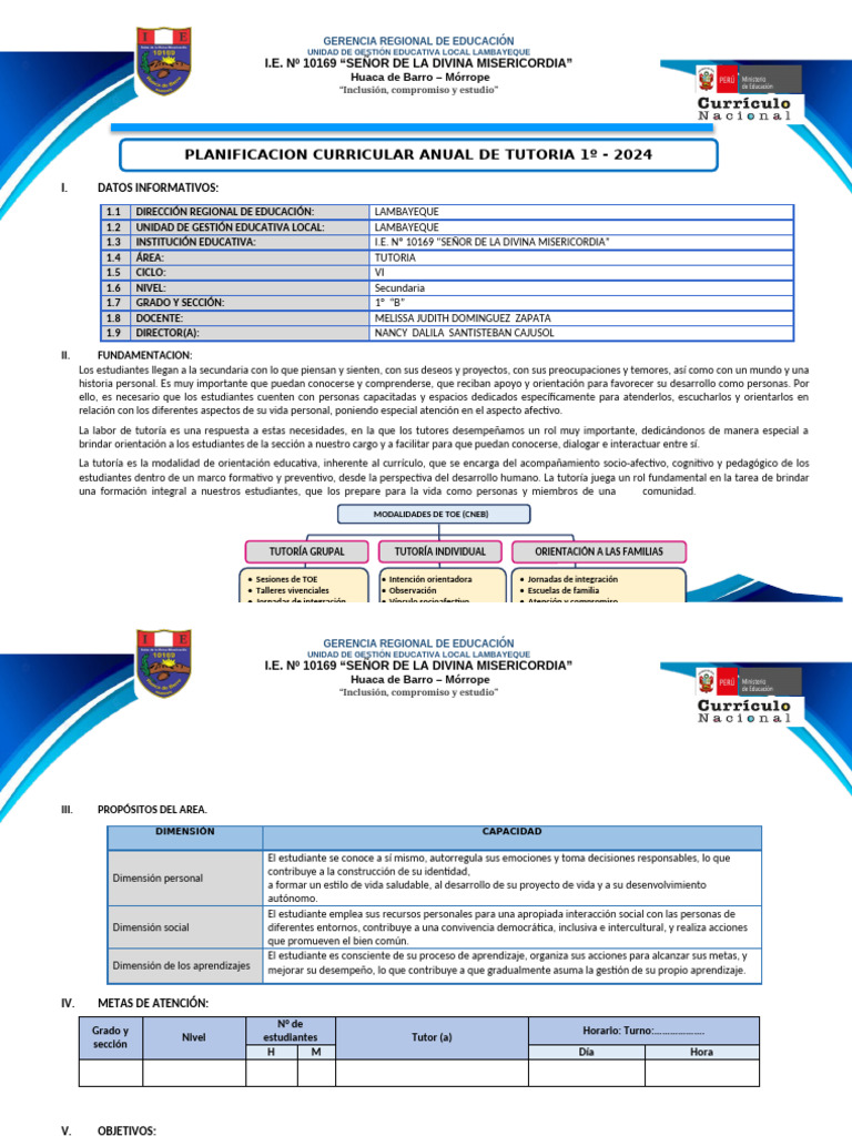 Plan Anual Tutoria - 1° Secu | PDF | Aprendizaje | Las emociones