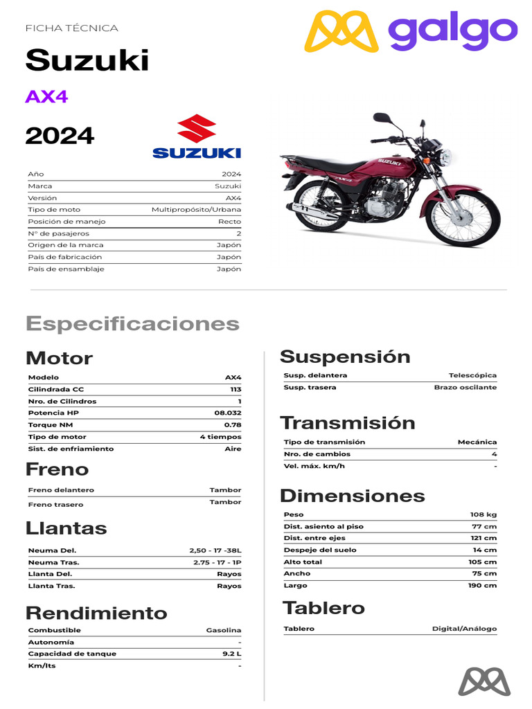 Ficha T Cnica Suzuki AX4 Galgo M Xico | PDF