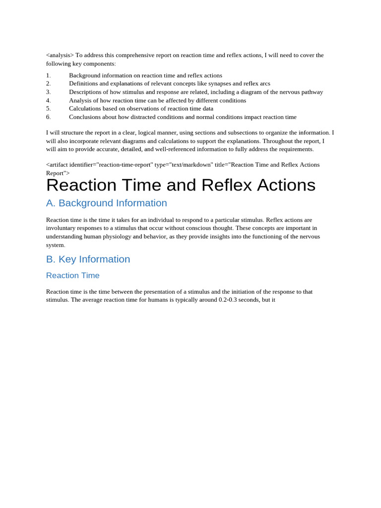 Reaction Time and Reflex Actions Report | PDF