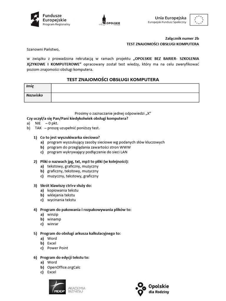 Załącznik 2b - Test Umiejętności Komputerowych | PDF