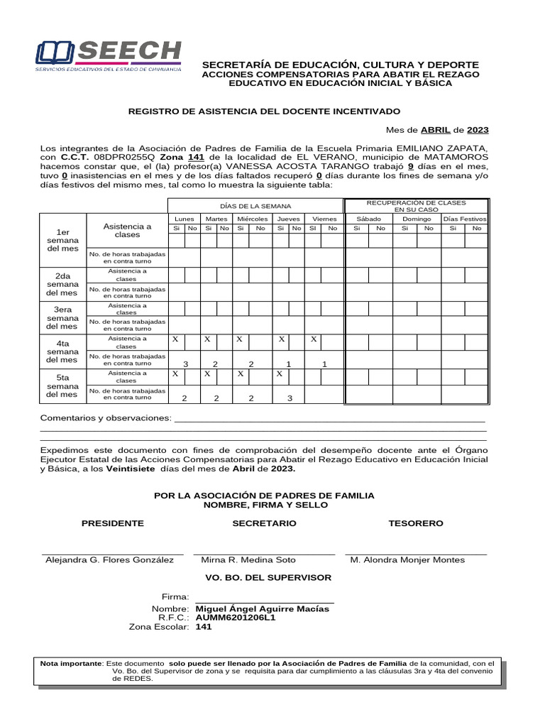 Registro de Asistencia Docente Abril 2023 | PDF