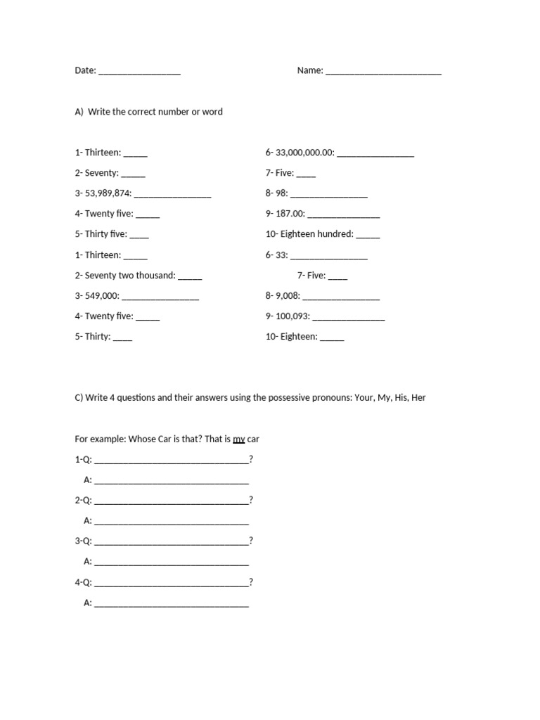 Number and Pronoun Exercises Worksheet | PDF