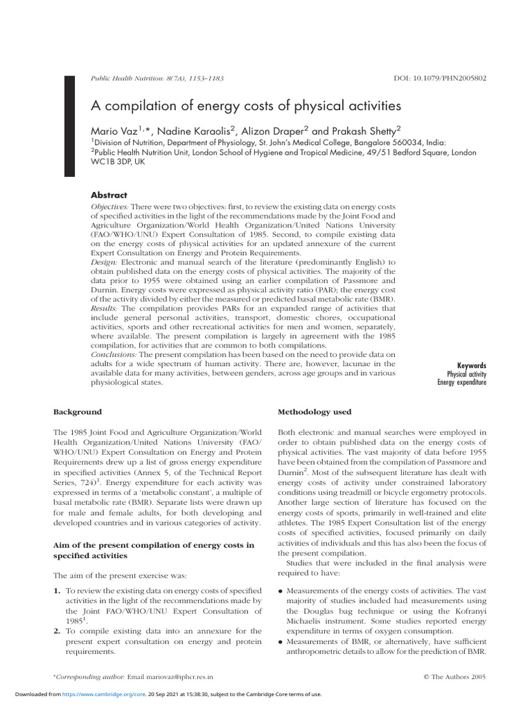 A Compilation of Energy Costs of Physical Activities | PDF