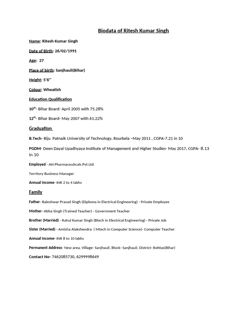 Biodata of Ritesh Kumar Singh | PDF