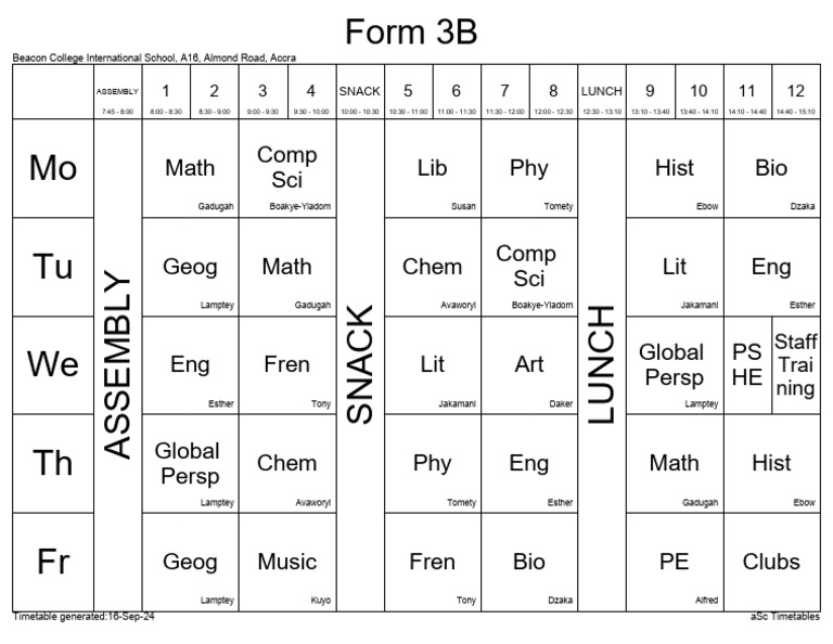 Beacon College Form 3B Timetable | PDF