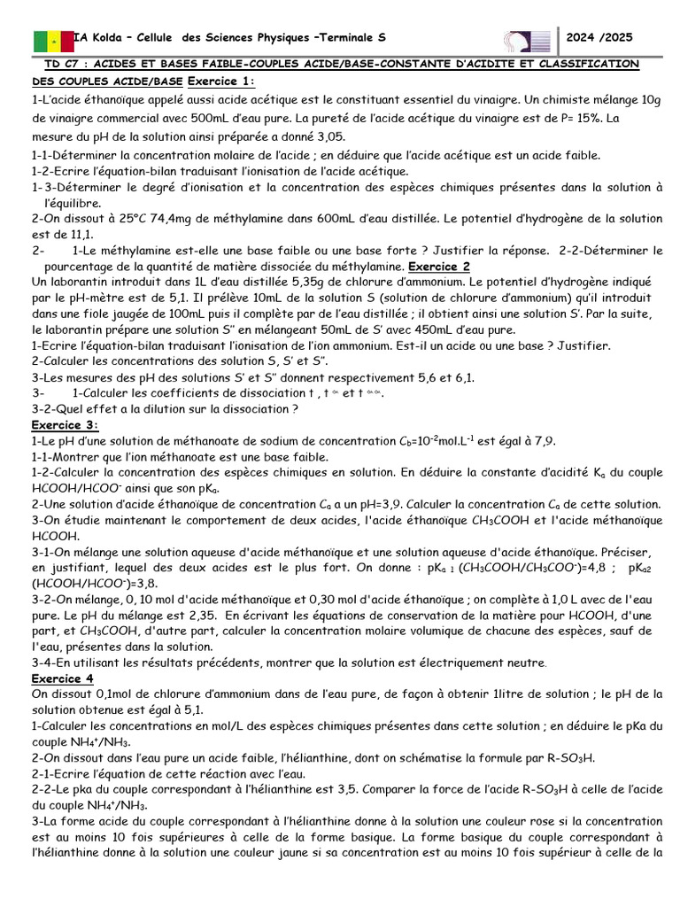Acides et Bases : Exercices de Chimie 2024 | PDF | Ph | Acide