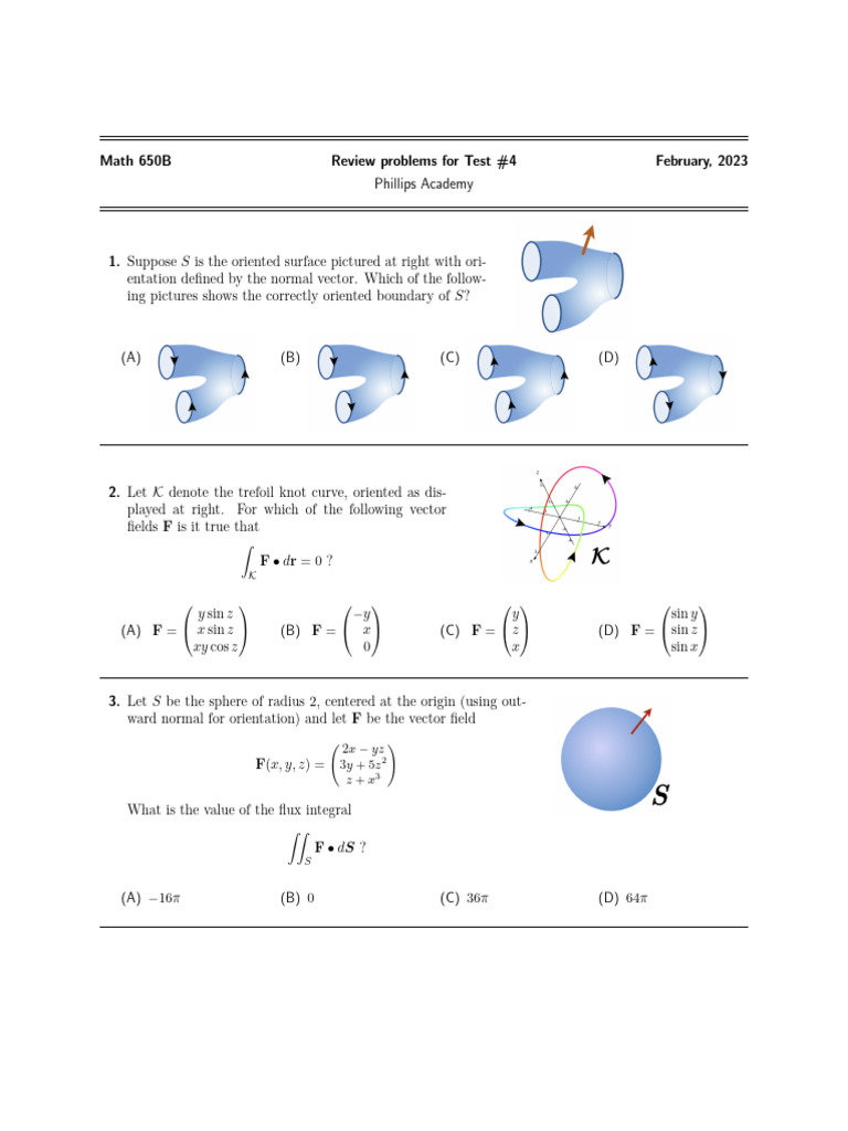 Math 650B Test #4 Review Problems | PDF | Flux | Multivariable Calculus