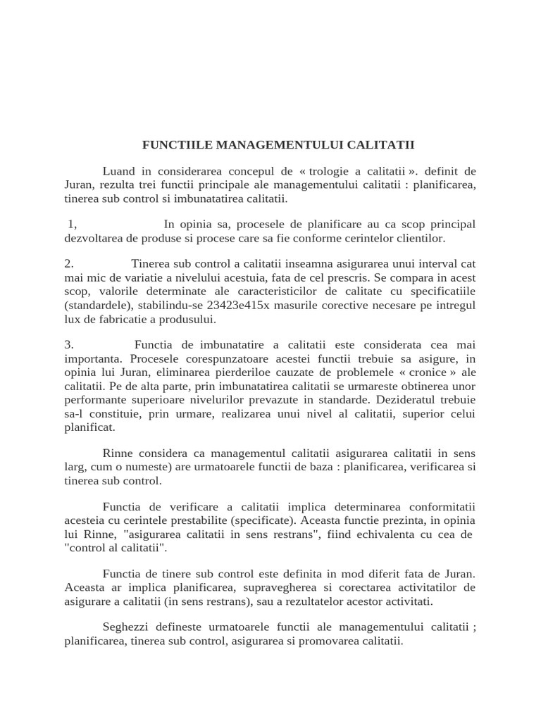 Curs 3 Functiile Managementului Calitatii | PDF