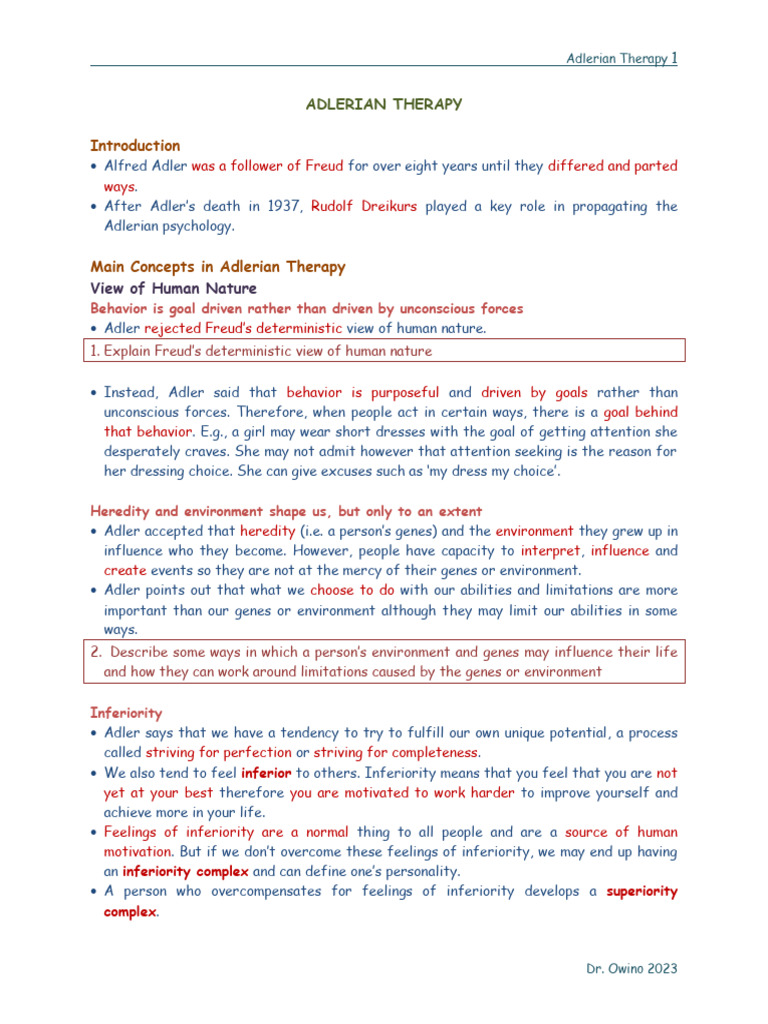 Understanding Adlerian Therapy Concepts | PDF | Psychotherapy | Psychology