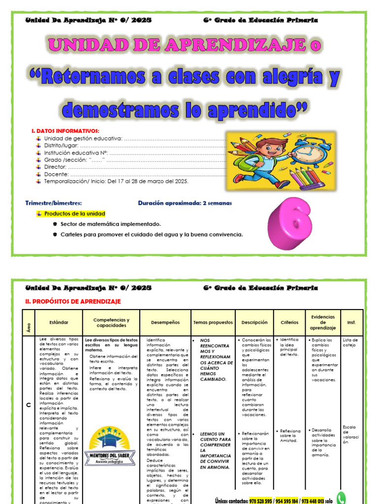 6° Grado Unidad de Aprendizaje 0 - 2025 | PDF | Aprendizaje | Decimal