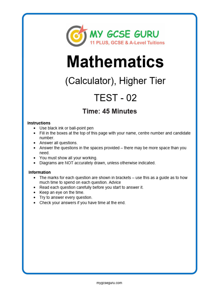 Mathematics: (Calculator), Higher Tier TEST - 02 | PDF | Circle | Area