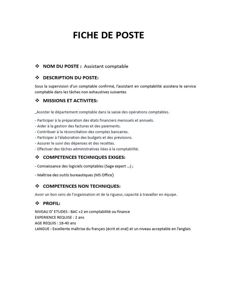 Fiche de poste : Assistant comptable | PDF