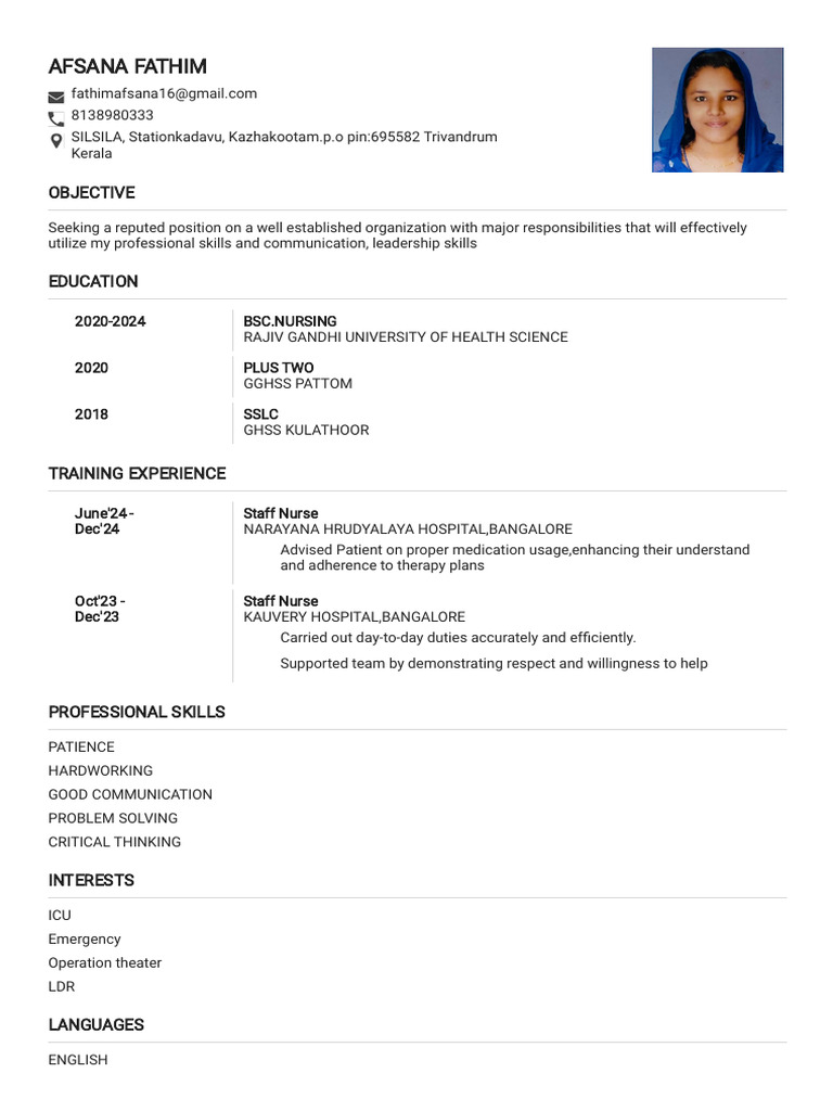 Nursing Resume of Afsana Fathim | PDF