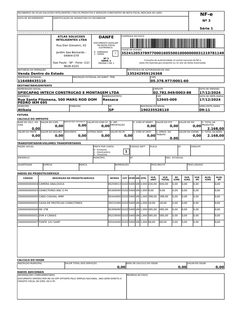 NFe 35241205378977000160550010000000031219781149 | PDF | Recibo