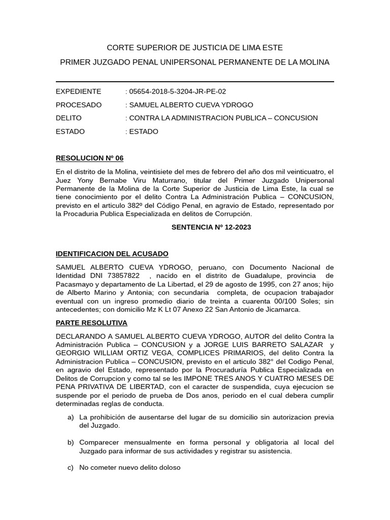 Sentencia por Conclusión en La Molina | PDF | Justicia | Crimen y violencia
