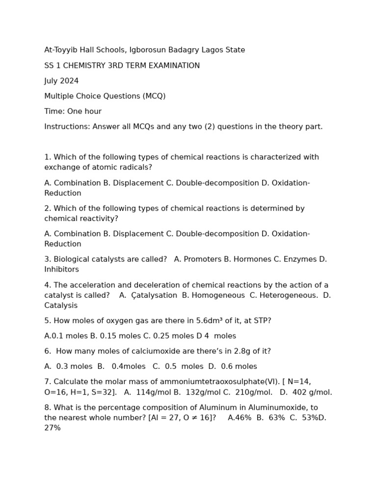 SS1 Chemistry 3rd Term Exam 2024 | PDF
