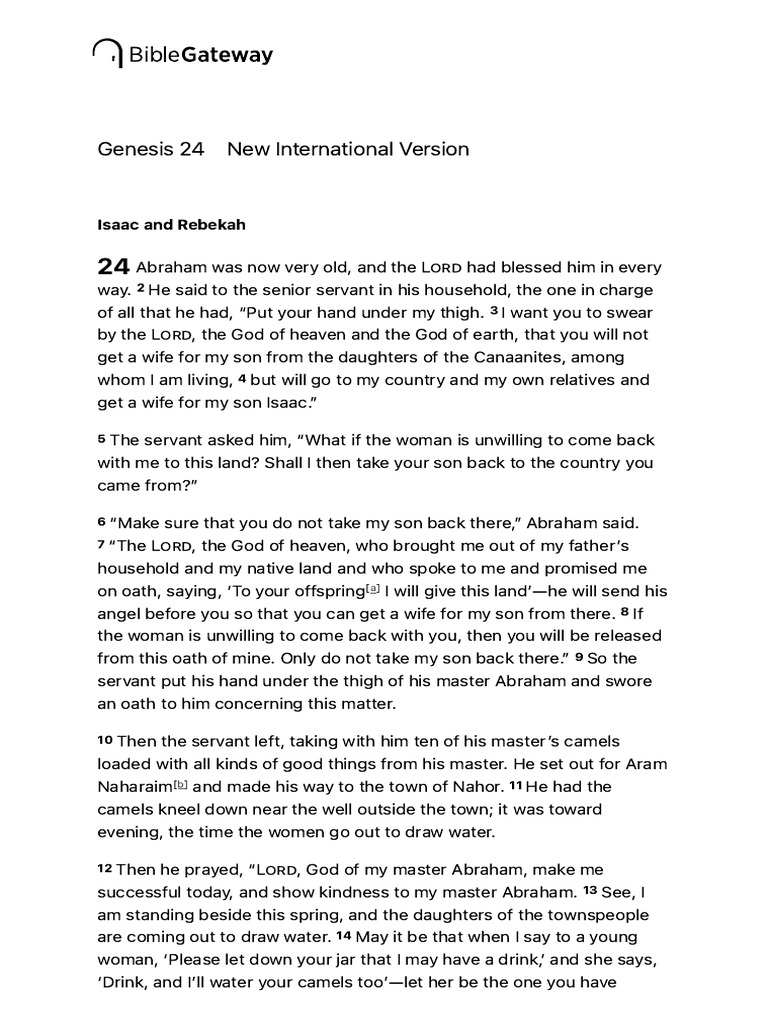 Genesis 24 NIV Isaac and Rebekah Abraham Was Now Bible