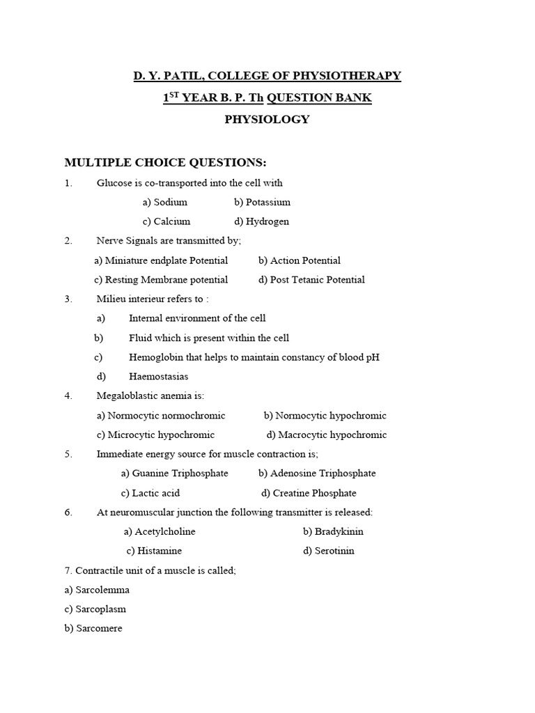 1st Year BPT Physiology MCQ Question Bank | PDF | Muscle Contraction ...
