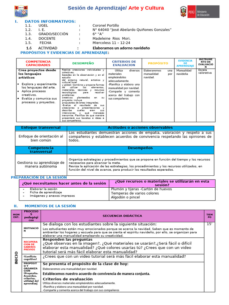 Sesion de Arte y Cultura Miercoles 11-12 - 24 | PDF | Aprendizaje ...
