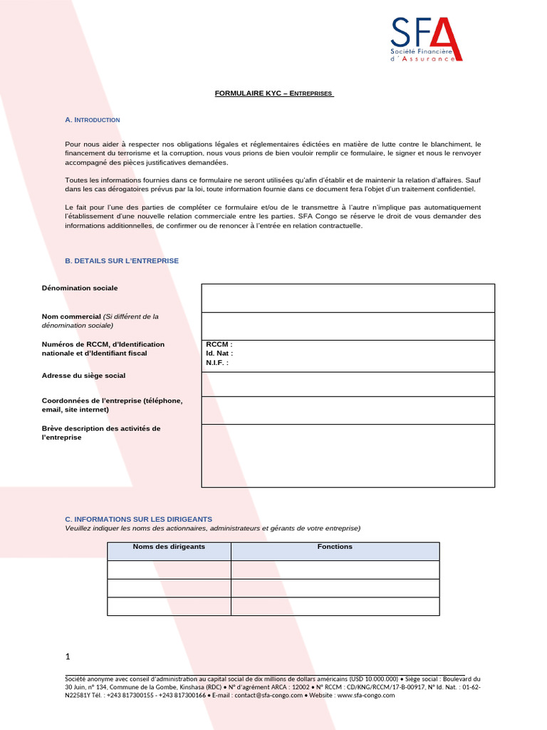 SFA-Formulaire KYC Entreprises FR | PDF