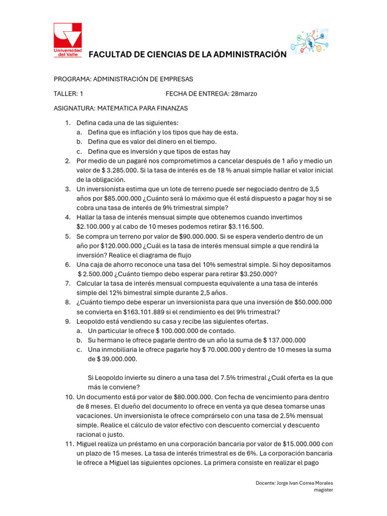 Taller de Matemáticas Financieras | PDF | Interés | Tasas de interés