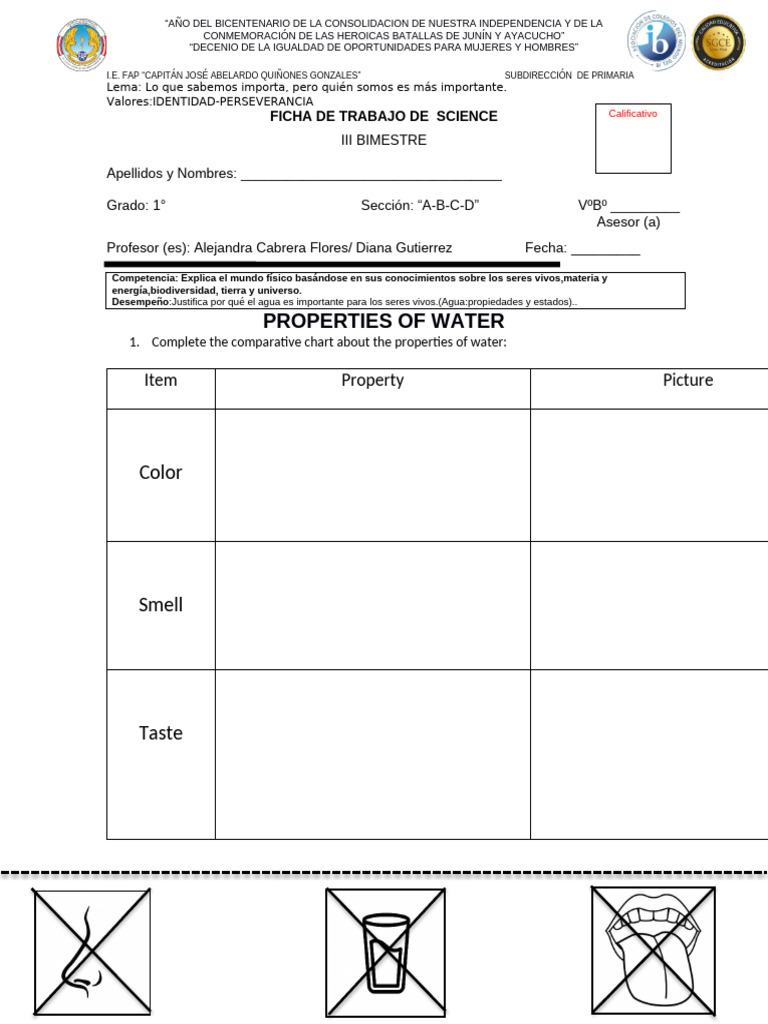 Ficha Properties of Water 1° (I) | PDF