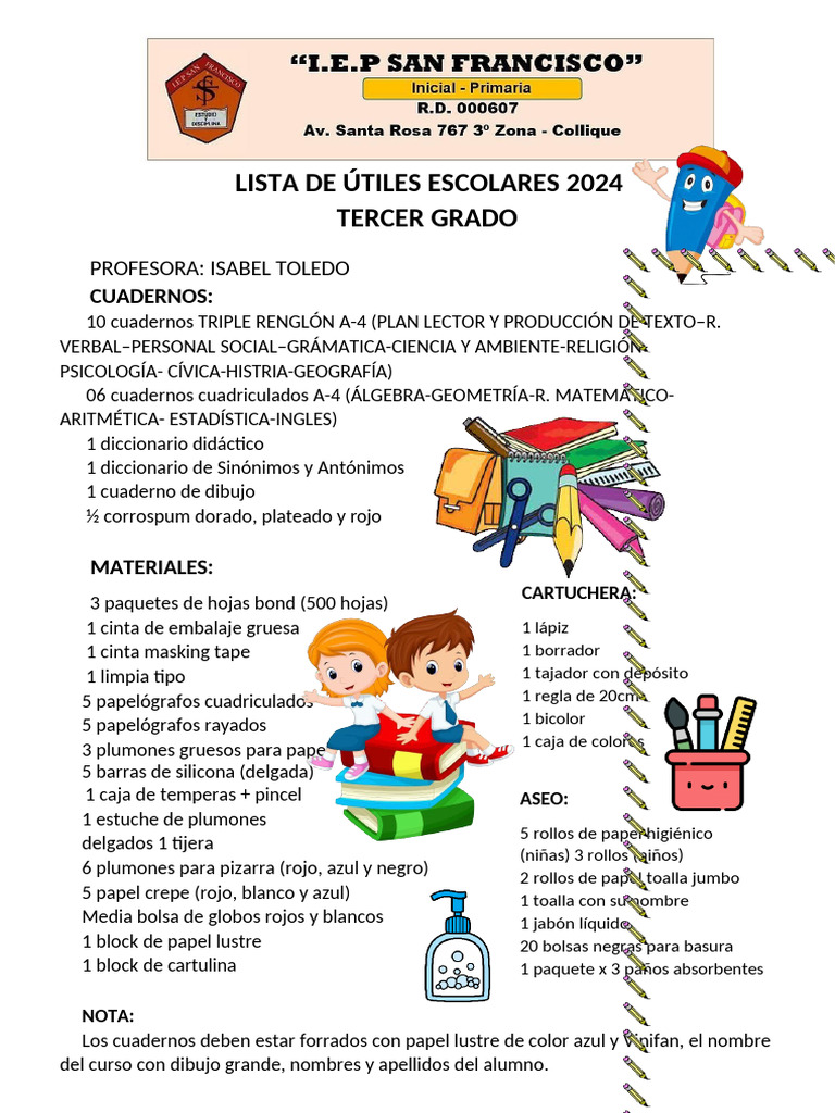 Útiles Escolares 2024 Tercer Grado | PDF