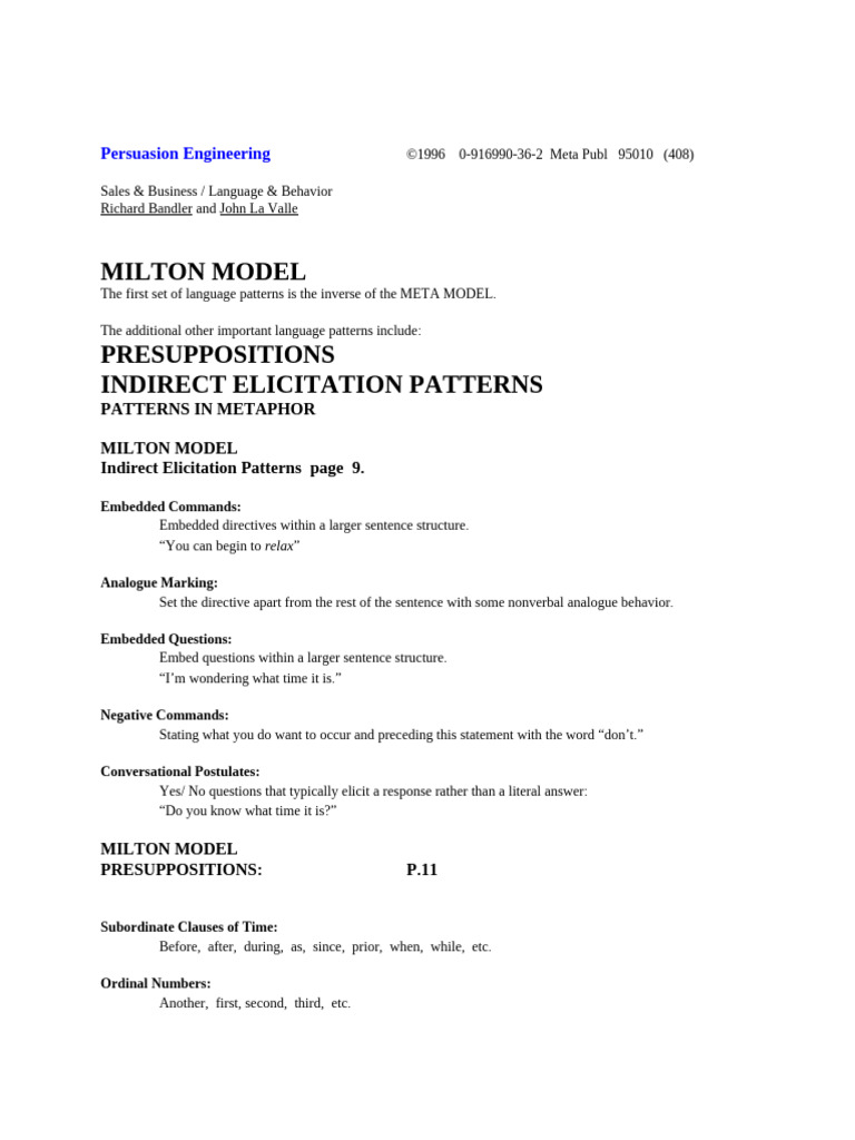 Milton Model Language Patterns Guide | PDF | Noun | Question