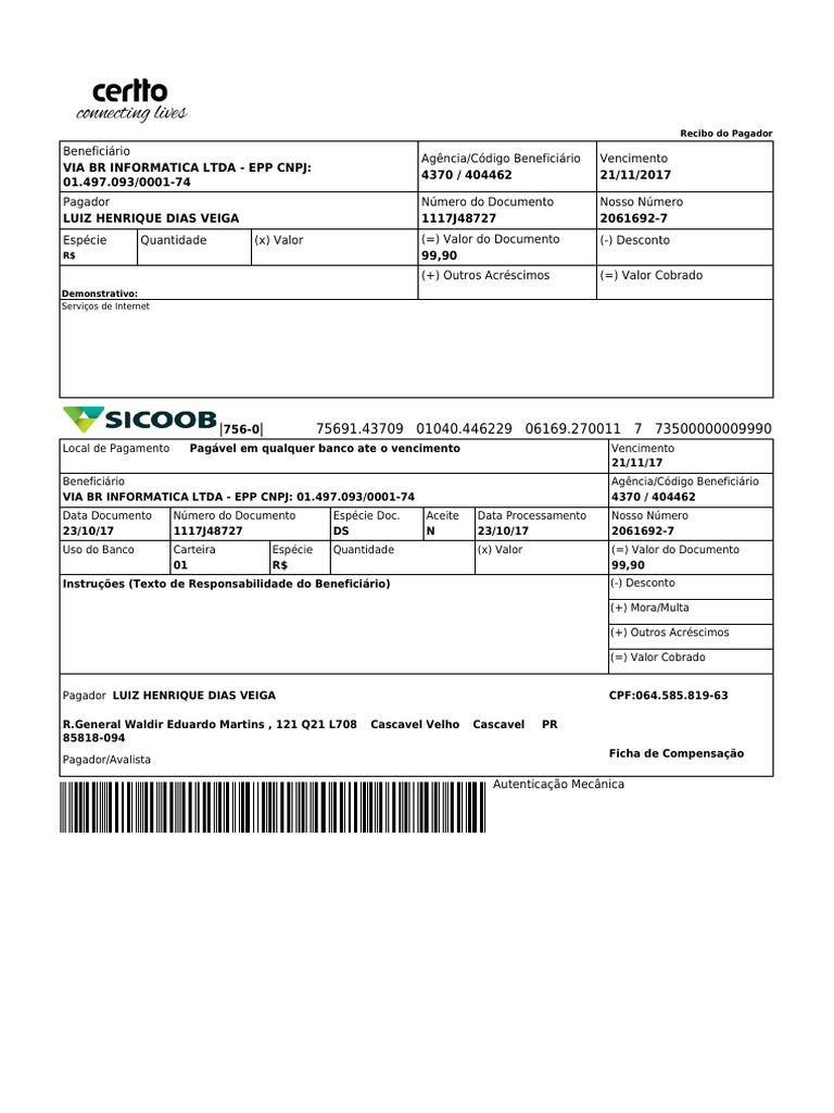 Recibo de Pagamento - VIA BR Informática | PDF