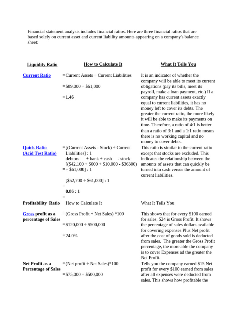 Financial Analysis Financial Ratios Pdf Net Income Financial Ratio