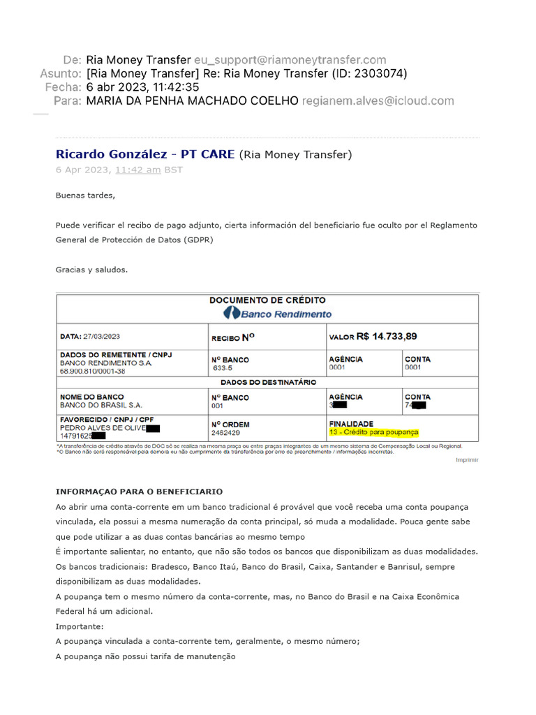 (Ria Money Transfer) Re Ria Money Transfer (ID 2303074) | PDF