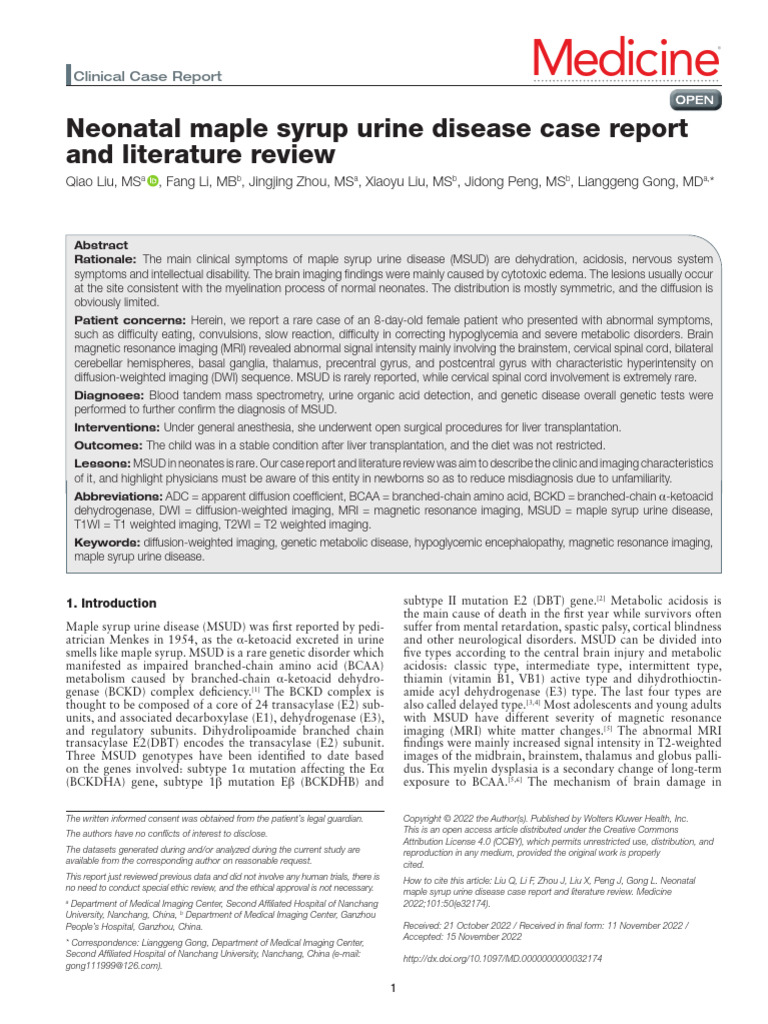 Maple Syrup Urine Disease | PDF | Magnetic Resonance Imaging | Medical ...