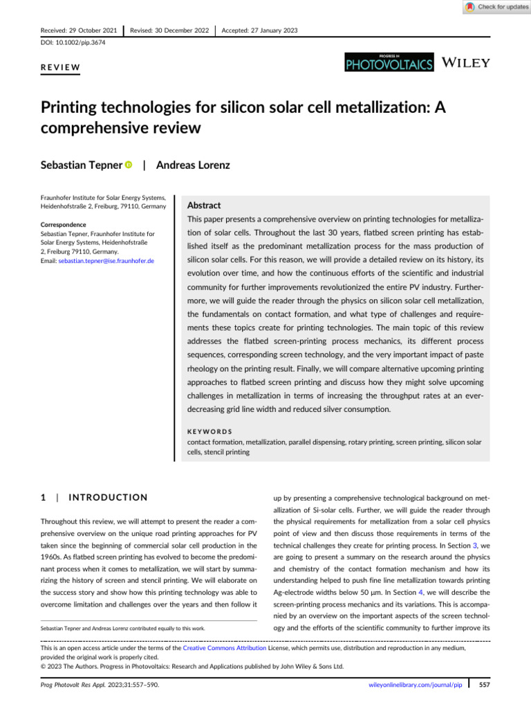 Progress in Photovoltaics - 2023 - Tepner - Printing technologies for ...