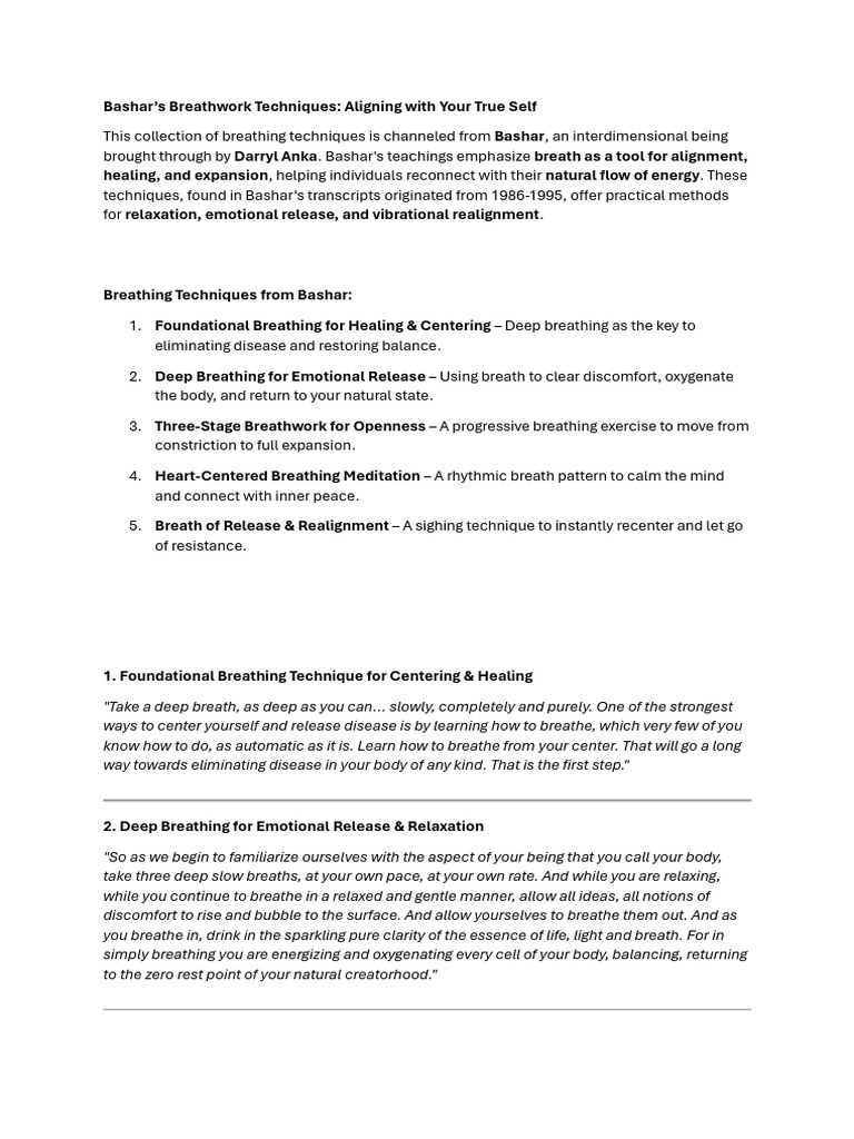 Bashar's Breathwork Techniques Guide | PDF | Breathing | Relaxation ...