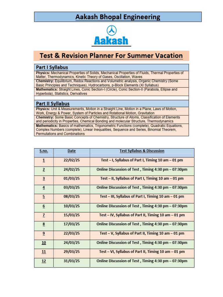 Summer Test & Revision Planner | PDF