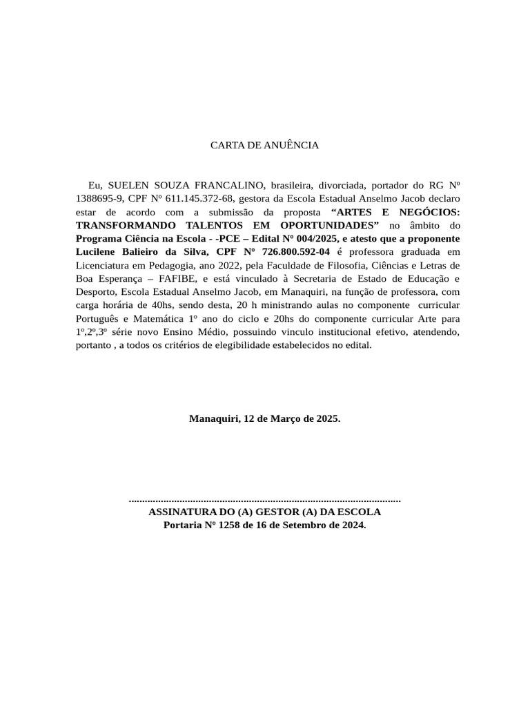 Carta de Anuência para Proposta PCE | PDF