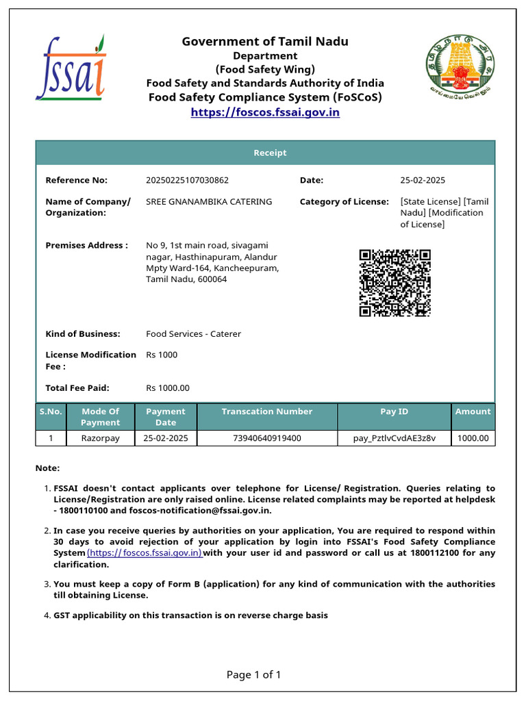 Tamil Nadu Catering License Modification Receipt | PDF