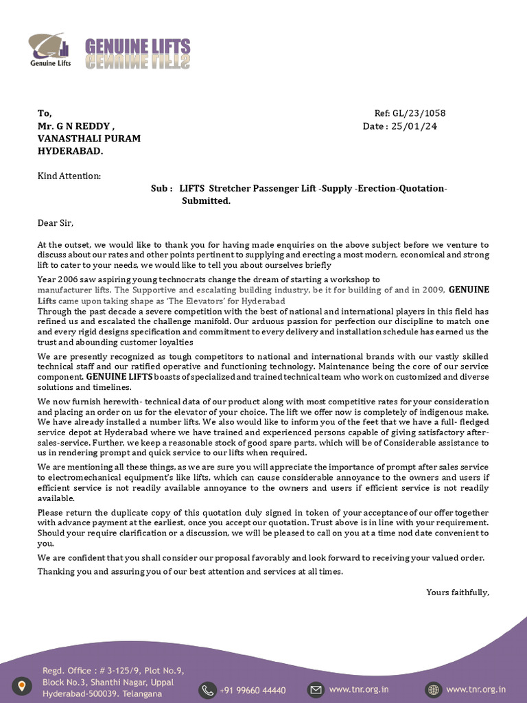 G+3 Passenger Lift Quotation Details | PDF | Elevator | Legal Liability